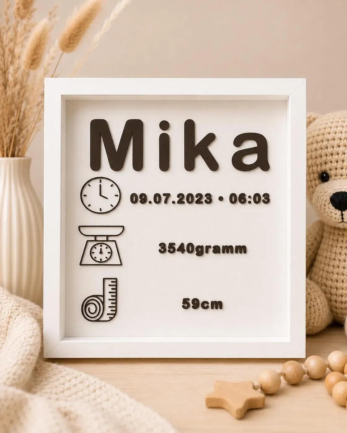 Personalisierte Geburtsdaten Tafel - 3D Druck | Baby Namensschild mit Geburtsdatum, Uhrzeit, Gewicht und Größe | Geschenk zur Geburt & Taufe